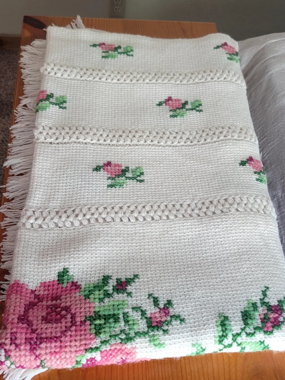 Decorative Pink Rose Cross-Stitch Throw Pillow and Blanket - Home Accents